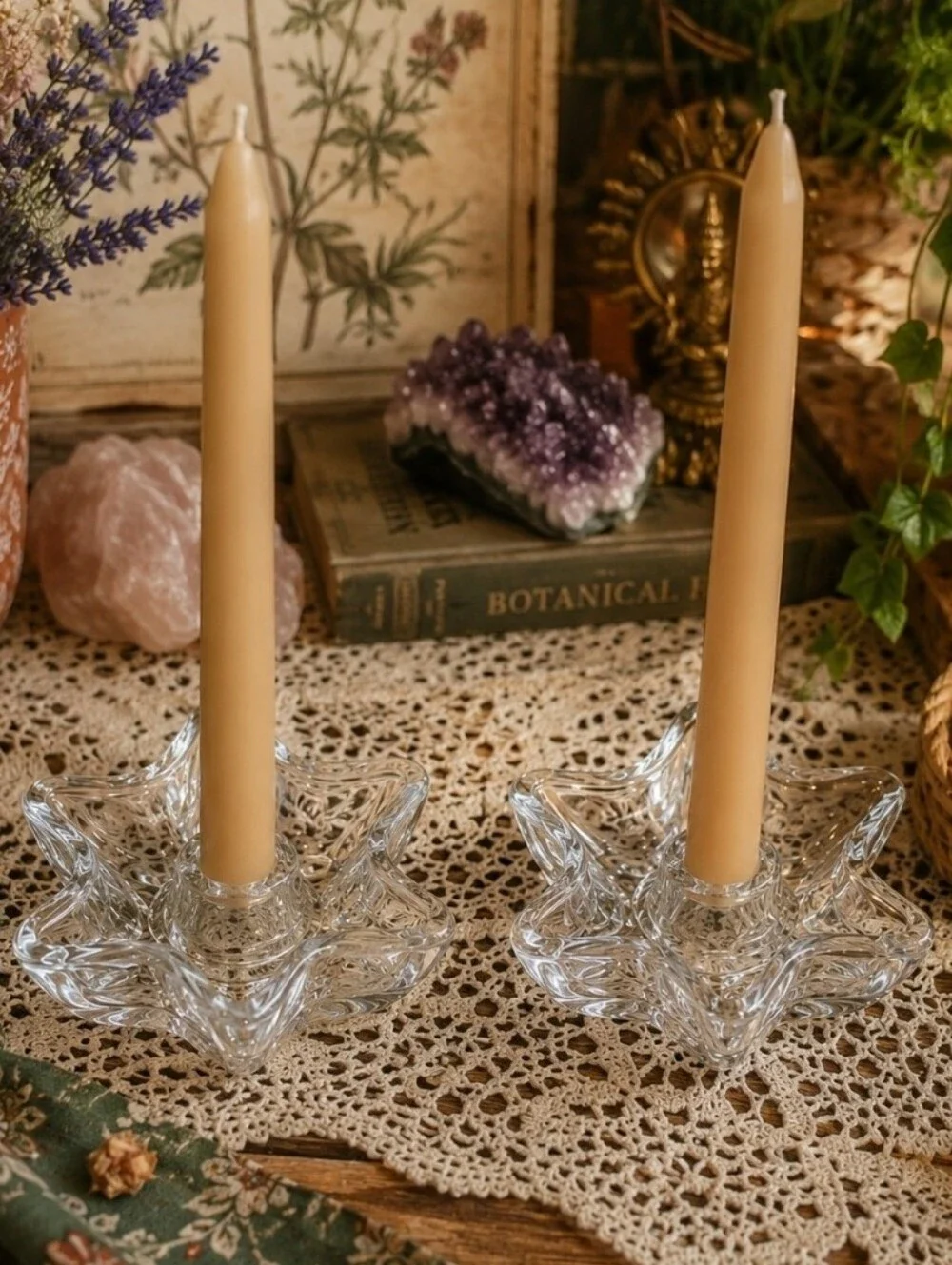 4/$15 Vintage Clear Glass Star Candle Holders Pair Heavy Glass Ring Dish Boho